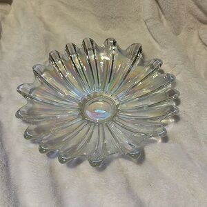 Vintage Federal Glass Iridescent Celestial Bowl Atomic Petal Dish Carnival Glass